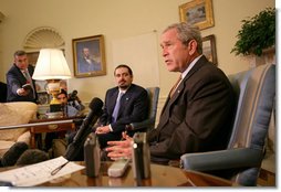 President George W. Bush speaks with members of the press during a meeting with Saad Hariri, the leader of the Parliamentary Majority in Lebanon, Thursday, Oct. 4, 2007 in the Oval Office. White House photo by Eric Draper