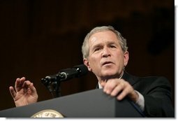 President George W. Bush answers a question from the audience after delivering remarks on the War on Terror before members of the World Affairs Council of Philadelphia, Monday, Dec. 12, 2005.  White House photo by Eric Draper