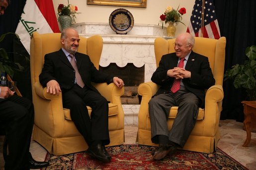 Vice President Dick Cheney meets with Iraqi Prime Minister Jafari, US Ambassador to Iraq Zalmay Khalilzad, and US delegation members inside the Green Zone, Sunday Dec. 18, 2005. White House photo by David Bohrer