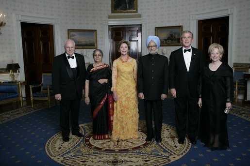 President George W. Bush and Laura Bush with Prime Minister Manmohan Singh of India and Mrs. Gursharan Kaur, before dinner in honor of their official visit Monday, July 18, 2005, at the White House. With Vice President Dick Cheney and Lynne Cheney. White House photo by Eric Draper