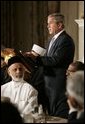 Hosting a dinner in celebration of the holy month of Ramadan, President George W. Bush welcomes American Muslim Leaders and Ambassadors from Islamic nations in the State Dining Room Wednesday, Nov. 10, 2004. White House photo by Paul Morse