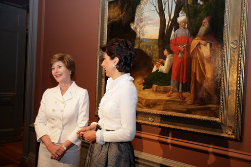 Mrs. Laura Bush and Mrs. Leila Castellaneta, wife of the Italian ambassador, speak to the press during their preview tour of the upcoming exhibition Bellini, Giorgione, Titian, and the Renaissance of Venetian Painting at the National Gallery of Art Tuesday, June 14, 2006. The exhibition opens June 18 and runs through September 17, 2006. White House photo by Shealah Craighead