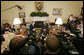 President George W. Bush and Colombian President Alvaro Uribe meet with the press in the Oval Office Wednesday, June 14, 2006. "We talked about trade. We negotiated a free trade agreement," said President Bush. "We've still got some details to work out, but we committed ourselves to working out those details and try to get this done as quickly as we can." White House photo by Paul Morse