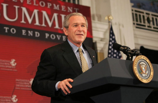 President George W. Bush addresses the Initiative for Global Development's 2006 National Summit in Washington, D.C., Thursday, June 15, 2006. A partnership between business and civic leaders, the initiative works to reduce global poverty. "The facts are these: Across the globe, more than a billion people live on less than a dollar a day. That should be a troubling statistic to all Americans," said the President. "They lead lives of hunger, they lead lives of desperation. Every day is a struggle just to survive. That struggle ought to inspire us here in America. It's inspired you. It ought to inspire all our citizens." White House photo by Kimberlee Hewitt