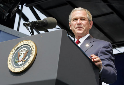 President George W. Bush delivers the commencement address during the graduation ceremony at the United States Merchant Marine Academy at Kings Point, New York, Monday, June 19, 2006. “In times of peace, the Merchant Marine helps ensure our economic security by keeping the oceans open to trade,” said the President. “In times of war, the Merchant Marine is the lifeline of our troops overseas, carrying critical supplies, equipment, and personnel.” White House photo by Kimberlee Hewitt