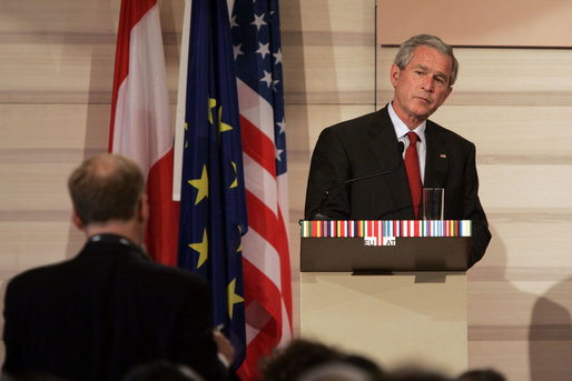 President George W. Bush listens as he receives a question from the media during a press availability Wednesday, June 21, 2006, during the U.S.-EU Summit in Vienna. White House photo by Paul Morse