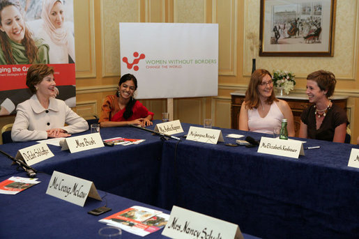 Mrs. Laura Bush participates in a roundtable discussion with members of Women Without Borders, a Vienna-based human rights organization, Wednesday, June 21, 2006 in Vienna, Austria. Seen with Mrs. Bush are, from left to right, Astha Kapoor, Georgina Nitische and Elizabeth Kasbauer. White House photo by Shealah Craighead