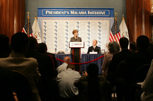 Mrs. Laura Bush delivers remarks on the President’s $1.2 billion Global Malaria Initiative, first introduced by President George W. Bush in June 2005 to combat malaria in 15 of the hardest-hit African nations, to an audience Thursday, June 8, 2006 at the National Press Club in Washington. Mrs. Bush highlighted the work of the Corporate Alliance on Malaria in Africa, and announced an anti-malaria initiative in Malawi, Mozambique, Rwanda and Senegal. White House photo by Shealah Craighead