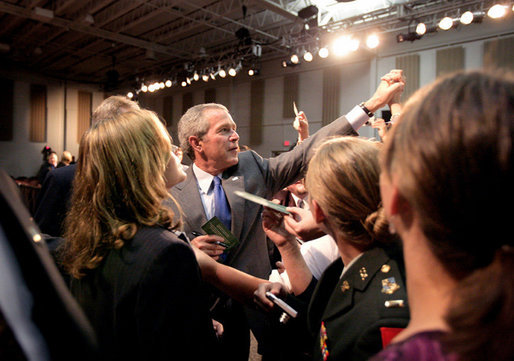 President George W. Bush greets audience members after delivering remarks on comprehensive immigration reform at Metropolitan Community College – South Omaha Campus in Omaha, Nebraska, Wednesday, June 7, 2006. White House photo by Eric Draper