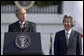 President George W. Bush delivers an address during an arrival ceremony for Prime Minister Junichiro Koizumi of Japan on the South Lawn Thursday, June 29, 2006. "Decades ago, our two fathers looked across the Pacific and saw adversaries, uncertainty and war," said President Bush. "Today their sons look across that same ocean and see friends and opportunity and peace." White House photo by Paul Morse