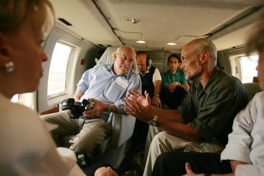 Vice President Dick Cheney tours the flood ravaged areas of Mississippi and Louisiana, Thursday, Sept. 8, 2005, to survey damage and view relief efforts in the wake of Hurricane Katrina. Vice President Cheney and Mrs. Cheney took an aerial tour of the Gulf coast aboard Marine Two with Homeland Security Secretary Michael Chertoff and U.S. Attorney General Alberto Gonzalez. White House photo by David Bohrer