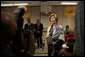 Laura Bush talks with the press during her visit to the National Center for Missing & Exploited Children in Alexandria, Va., Friday, Sept. 16, 2005. White House photo by Krisanne Johnson