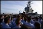 President George W. Bush addresses sailors and the nation from the flight deck of the USS Abraham Lincoln of the coast of San Diego, California May 1, 2003. White House photo by Paul Morse