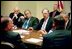 President George W. Bush participates in a homeland security briefing with Vice President Dick Cheney, left, and newly-appointed Homeland Security Advisor General John Gordon, center, in the Roosevelt Room Tuesday, April 29, 2003.