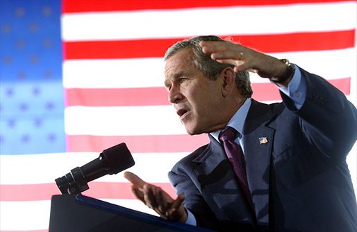 President George W. Bush delivers remarks at the Cherokee Aviation Hangar at McGhee Tyson Airport in Knoxville, Tenn., Oct. 8. White House photo by Tina Hager.