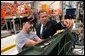 President George W. Bush inspects an F-18 part with Boeing Employee Rocky Mayberry during a tour of the Boeing F-18 Production Facility in St. Louis, Mo., Wednesday, April 16, 2003. White House photo by Eric Draper