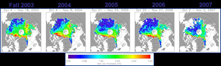 A critical thinning of the Arctic sea ice surviving the summer melt season is shown in these maps of sea ice thickness.