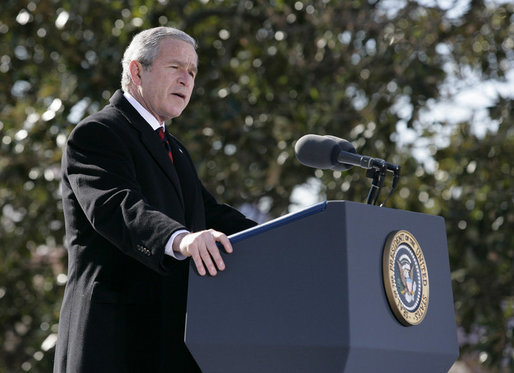 President George W. Bush addresses visitors and guests at the Mount Vernon Estate of President George Washington, Monday, Feb. 19, 2007 in Mount Vernon, Va., in honor of President Washington’s 275th birthday. White House photo by Eric Draper