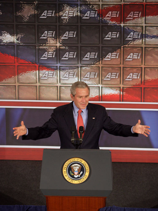 President George W. Bush addresses the American Enterprise Institute in Washington, D.C., Thursday, Feb. 15, 2007. "Our goal in Afghanistan is to help the people of that country to defeat the terrorists and establish a stable, moderate, and democratic state that respects the rights of its citizens, governs its territory effectively, and is a reliable ally in this war against extremists and terrorists," said President Bush. White House photo by David Bohrer