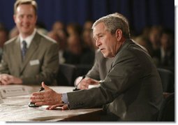 President George W. Bush gestures to emphasize a point during his participation at an energy forum discussion at Novozymes North America, Inc., Thursday, Feb. 22, 2007 in Franklinton, N.C., where President Bush praised the work being done to create new and diverse fuel sources. White House photo by Paul Morse