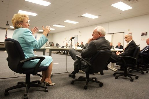 Director of the Federal Law Enforcement Training Center Connie Patrick talks with Vice President Dick Cheney and Department of Homeland Security Secretary Michael Chertoff as they attend a briefing on the center’s operations during a visit to the facility in Glynco, Georgia, May 2, 2005. White House photo by David Bohrer