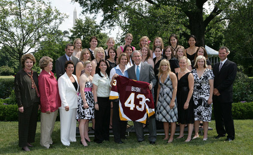 President George W. Bush stands with members of the University of Minnesota-Duluth Women's Ice Hockey team, Tuesday, June 24, 2008, during a photo opportunity with the 2007 and 2008 NCAA Sports Champions at the White House. White House photo by Chris Greenberg
