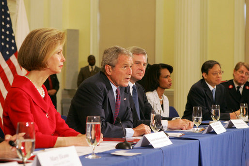 President George W. Bush delivers remarks during a drop-by meeting on the People's Republic of China Earthquake Relief Efforts Friday, June 6, 2008, at the American Red Cross National Headquarters. White House photo by Joyce N. Boghosian