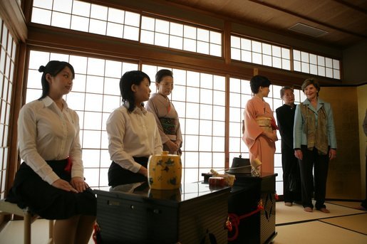 Mrs. Laura Bush participates in the Tea Ceremony Classroom at Doshisha Girls Junior High School and Senior High School during her visit Wednesday, Nov. 16, 2005, to Kyoto, Japan. White House photo by Shealah Craighead