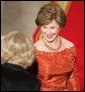 Laura Bush welcomes the Duchess of Cornwall upon the arrival of the Prince of Wales and the Duchess to the White House, Wednesday evening, Nov. 2, 2005. White House photo by Paul Morse