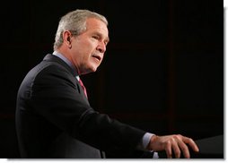 President George W. Bush delivers his remarks regarding his National Strategy for Pandemic Influenza Preparedness and Response at the National Institute of Health in Bethesda, Md., Tuesday, Nov. 1, 2005. "At this point, we do not have evidence that a pandemic is imminent. Most of the people in Southeast Asia who got sick were handling infected birds," said President Bush. "And while the avian flu virus has spread from Asia to Europe, there are no reports of infected birds, animals, or people in the United States. Even if the virus does eventually appear on our shores in birds, that does not mean people in our country will be infected. Avian flu is still primarily an animal disease. And as of now, unless people come into direct, sustained contact with infected birds, it is unlikely they will come down with avian flu."  White House photo by Paul Morse