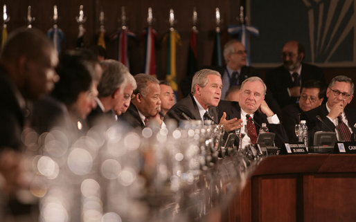 President George W. Bush speaks during the opening session Friday, Nov. 4, 2005, of the 2005 Summit of the Americas in Mar del Plata, Argentina. White House photo by Eric Draper