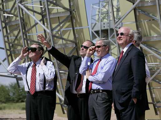 President George W. Bush tours the Sandia Solar Tower Complex lead by Sandia Lab Director Tom Hunter Monday, Aug. 8, 2005 in Albuquerque, New Mexico. Also pictured from left are, Senator Pete Domenici (R, NM) and Secretary of Energy Sam Bodman. White House photo by Eric Draper