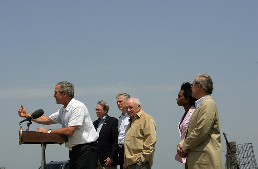  President George W. Bush addresses the media at his Crawford, TX ranch flanked by members of Defense Policy and Programs Team, Secretary of State, and Foreign Policy Team Thursday, August 11, 2005. White House photo by David Bohrer