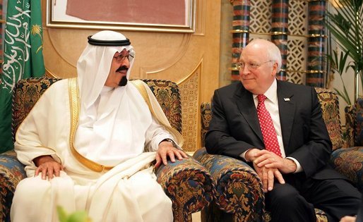 Vice President Dick Cheney meets with newly crowned King Abdullah during a retreat at King Abdullah's Farm in Riyadh, Saudi Arabia Friday, August 5, 2005, following the death of his half-brother King Fahd who passed away August 1, 2005. White House photo by David Bohrer