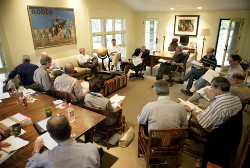 President George W. Bush and Vice President Dick Cheney meet with the President's Economic Advisors Tuesday, Aug. 9, 2005, at the ranch in Crawford, Texas, where they discussed the strength of the country's economy. White House photo by Eric Draper