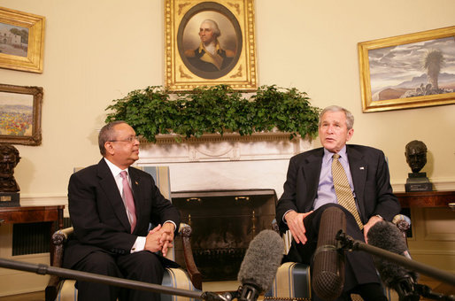 President George W. Bush meets with Sada Cumber, the first U.S. envoy to the Organization of the Islamic Conference Wednesday, Feb. 27, 2008, in the Oval Office. White House photo by Chris Greenberg