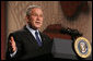 President George W. Bush gestures as he as he delivers his remarks Thursday, Feb. 14, 2008 at the Smithsonian National Museum of African Art, on his upcoming trip to Africa. Speaking in praise of the continent President Bush said, "Africa in the 21st century is a continent of potential. It's a place where democracy is advancing, where economies are growing, and leaders are meeting challenges with purpose and determination." White House photo by Chris Greenberg