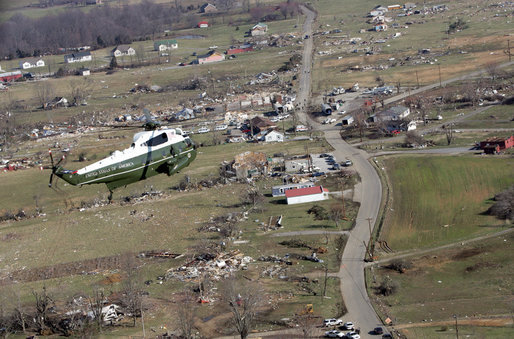 Marine One, carrying President George W. Bush, flies over a swath of destruction near Lafayette, Tennessee, as he arrived Friday, Feb. 8, 2008, to see first-hand the damage left in the wake of Tuesday's tornadoes. White House photo by Chris Greenberg