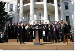 President George W. Bush delivers remarks during a ceremony honoring the 2007 World Series Champion Boston Red Sox Wednesday, Feb. 27, 2008, on the South Lawn of the White House. White House photo by Chris Greenberg