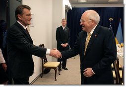 Vice President Dick Cheney and Ukrainian President Viktor Yushchenko greet one another before beginning a breakfast meeting, Thursday, May 4, 2006 in Vilnius, Lithuania. Both leaders have come to Vilnius to participate in the Vilnius Conference 2006, a summit of leaders of the Baltic and Black Sea regions. White House photo by David Bohrer