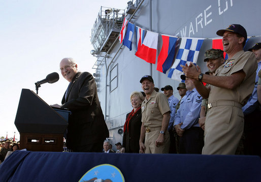 Vice President Dick Cheney gets a laugh from Navy commanders on stage as he makes a joke during an address to over 4,000 sailors and Marines from the flight deck of the amphibious assault ship USS Bonhomme Richard docked at Naval Station San Diego. White House photo by David Bohrer