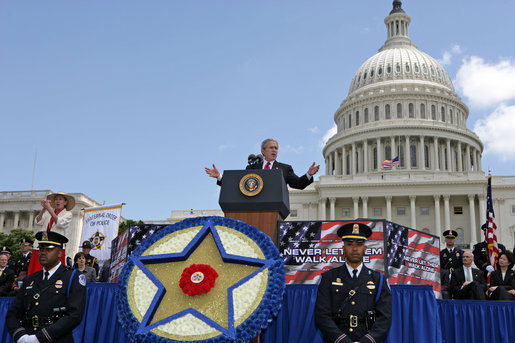 President George W. Bush delivers remarks to the Annual Peace Officers' Memorial Service at the U. S. Capitol Monday, May 15, 2006. The service honors fallen federal, state and local law enforcement officers. White House photo by Kimberlee Hewitt