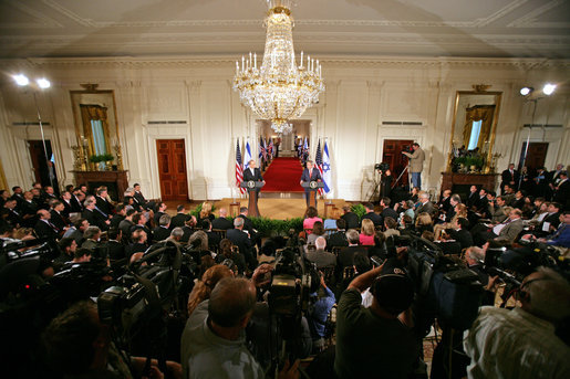 President George W. Bush and Prime Minister Ehud Olmert of Israel hold a joint press conference in the East Room Tuesday, May 23, 2006. White House photo by Kimberlee Hewitt