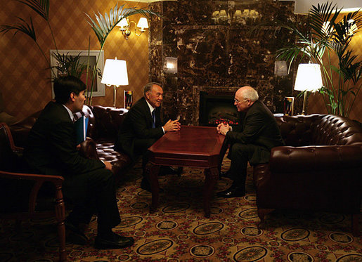 With the aid of an interpreter Vice President Dick Cheney and Kazakh President Nursultan Nazarbayev spend a final moment to talk alone before concluding meetings in Astana, Kazakhstan, Friday, May 5, 2006. White House photo by David Bohrer