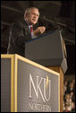 President George W. Bush addresses his remarks on the American Competitiveness Initiative to an audience at Northern Kentucy University, Friday, May 19, 2006 in Highland Heights, Ky. White House photo by Kimberlee Hewitt