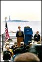 Highlighting the First Lady's Preserve America initiative, Laura Bush and New York City Mayor Michael Bloomberg announce the re-opening of the Statue of Liberty during a ceremony in New York's Battery Park Monday, May 10, 2004. The statue has been closed since the September 11th terrorist attacks. White House photo by Tina Hager