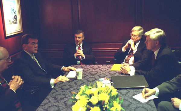 U.S. Homeland Security Director Tom Ridge and Canadian Deputy Prime Minister John Manley meet at The White House on Friday to discuss Border Security issues. They were joined by US Ambassador to Canada Paul Celluci and Canadian Ambassador to the US Michael Kergin. White House photo by Tina Hager.