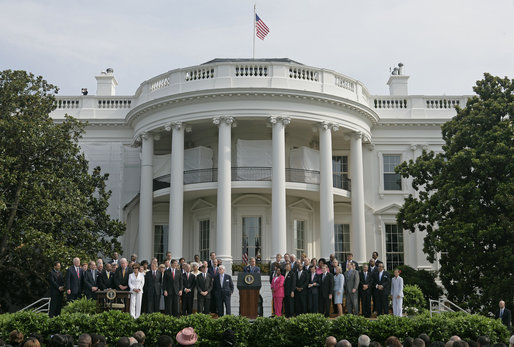 President George W. Bush speaks during the signing of H.R. 9, the Fannie Lou Hamer, Rosa Parks, and Coretta Scott King Voting Rights Act Reauthorization and Amendments Act of 2006, on the South Lawn Thursday, July 27, 2006. "In four decades since the Voting Rights Act was first passed, we've made progress toward equality, yet the work for a more perfect union is never ending," said President Bush. "We'll continue to build on the legal equality won by the civil rights movement to help ensure that every person enjoys the opportunity that this great land of liberty offers." White House photo by Eric Draper