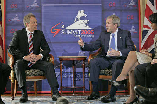 President George W. Bush and Prime Minister Tony Blair of the United Kingdom meet one-on-one during the G8 Summit in Strelna, Russia, Sunday, July 16, 2006. "We just had a wide-ranging discussion: we talked about the Middle East, we talked about Iraq, we talked about Iran," said President Bush to the press. "I was pleased to inform and thank Tony for the good work in the United Nations on a unanimous resolution regarding North Korea." White House photo by Eric Draper