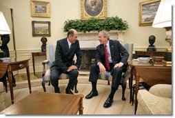 President George W. Bush meets with Prime Minister Janez Jansa of Slovenia in the Oval Office Monday, July 10, 2006. "I really appreciate the fact that you have made the courageous decision to help two young democracies, Afghanistan and Iraq, succeed. Your contributions in Afghanistan and Iraq will make a difference in achieving peace. And so thank you for that very much," said the President in his remarks to the press." White House photo by Eric Draper